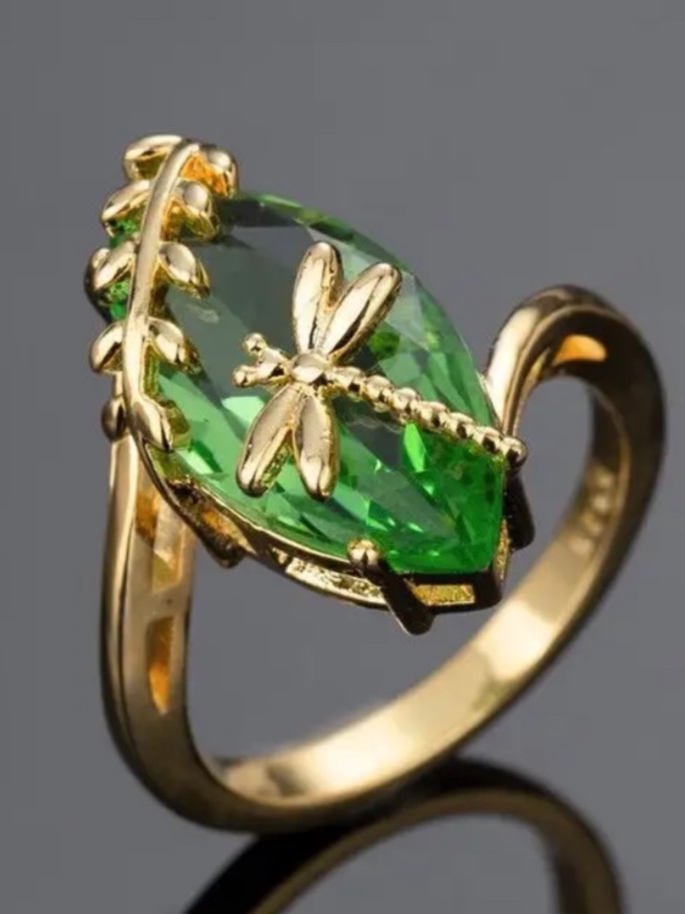 Gold Dragonfly Leaf Ring with Green Stone - Women Jewelry